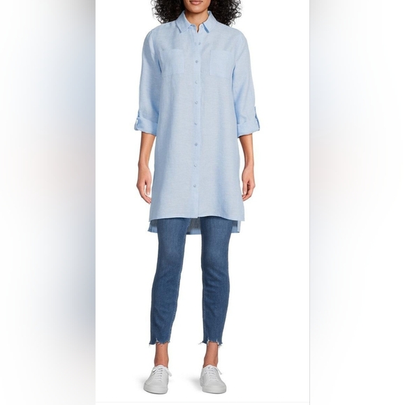 Saks Fifth Avenue Tops - Saks Fifth Avenue Linen ight Blue Button-Up Tunic‎ Shirt Shirtdress Sz M